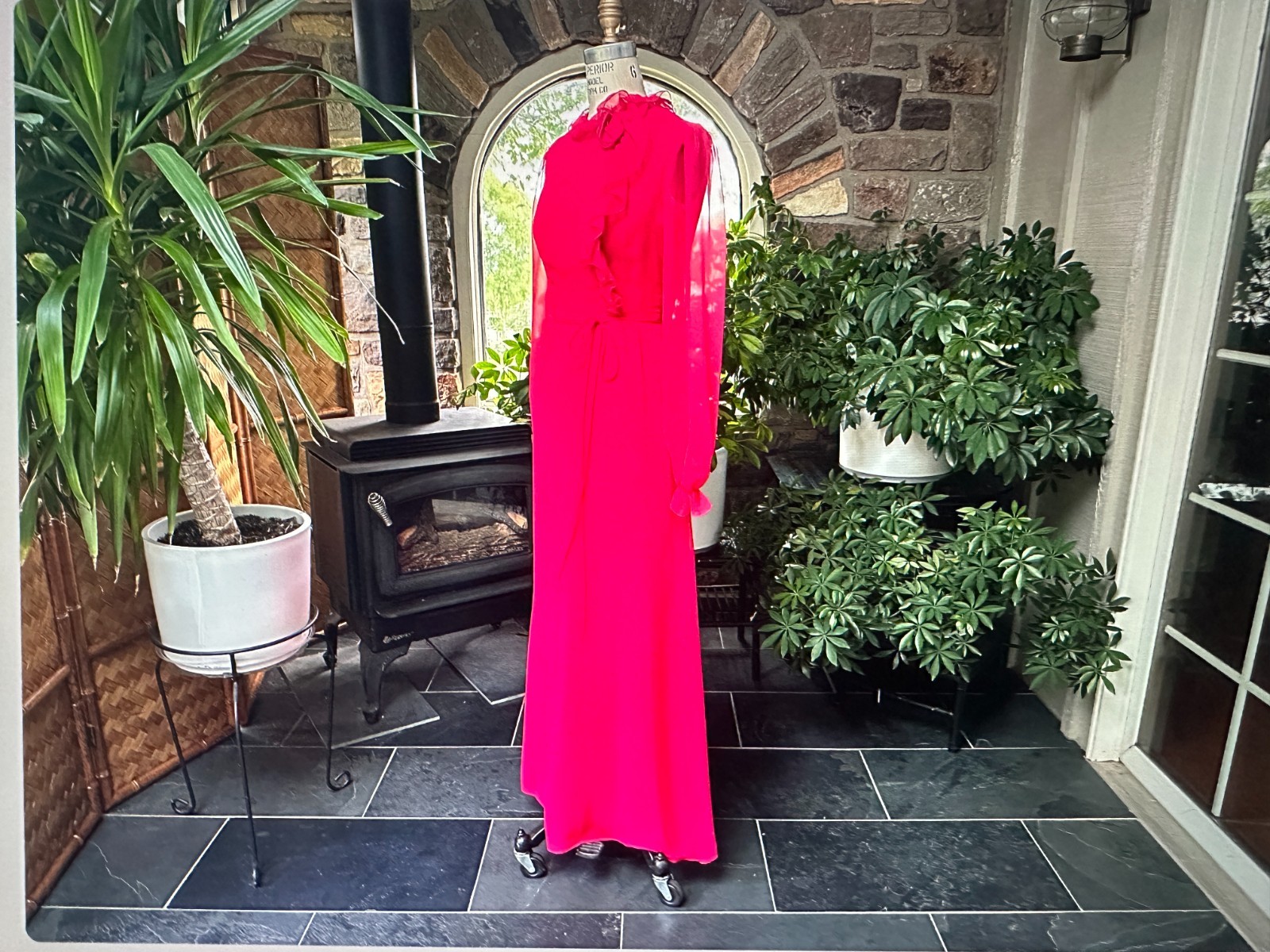 Vintage 1970s Deep Pink Chiffon Bridesmaid Dress Veil Hat House Bianchi Boston