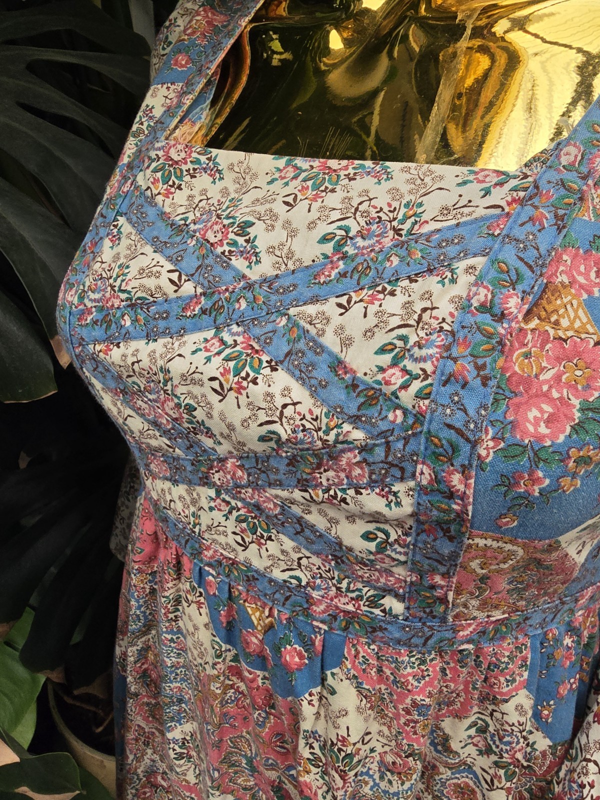 Vintage 1970s Vicky Vaught Prairie Maxi Dress Floral Patchwork Bell Sleeve S