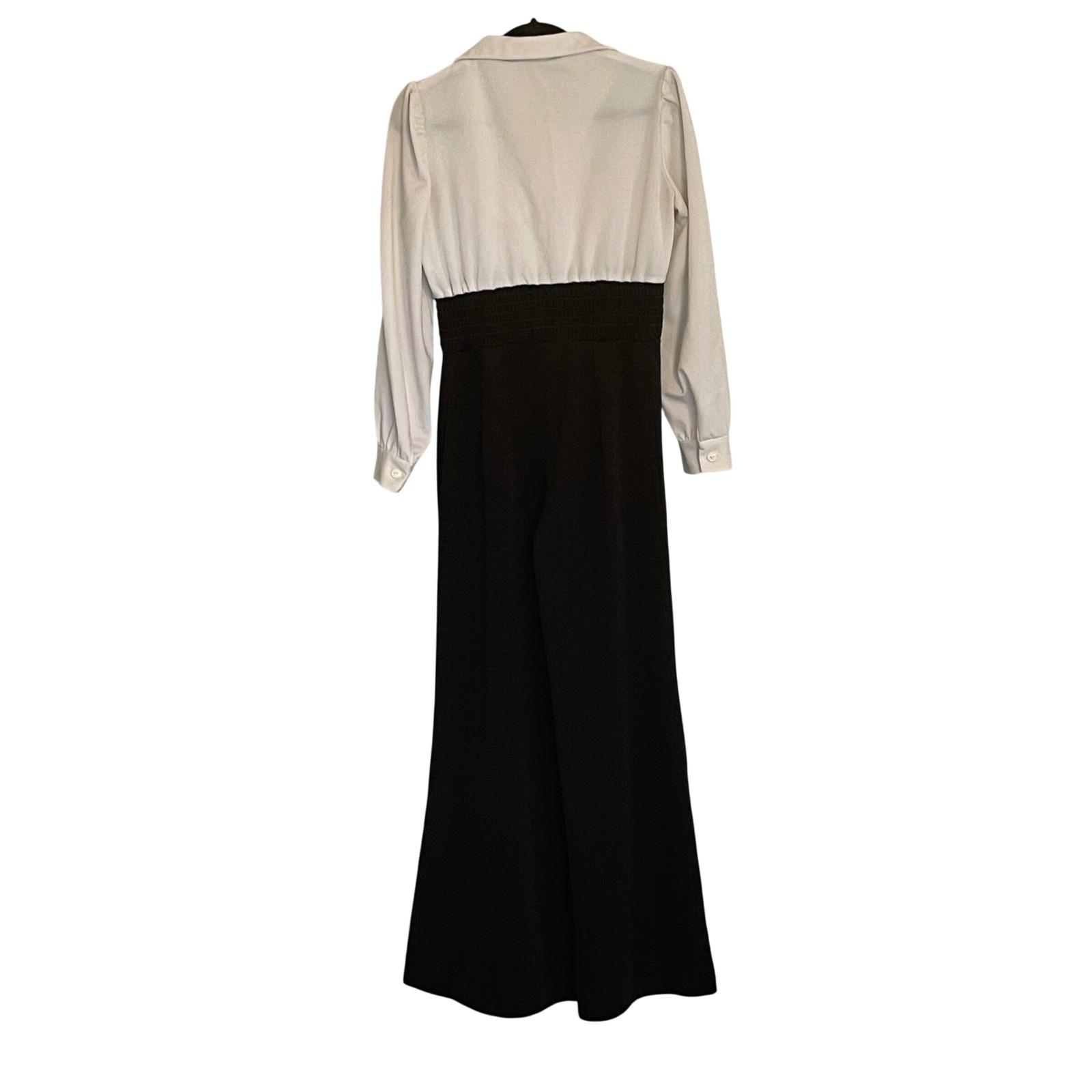 Vintage Fredericks of Hollywood Jumpsuit Black White Wide Leg Smocked 70s Tuxedo
