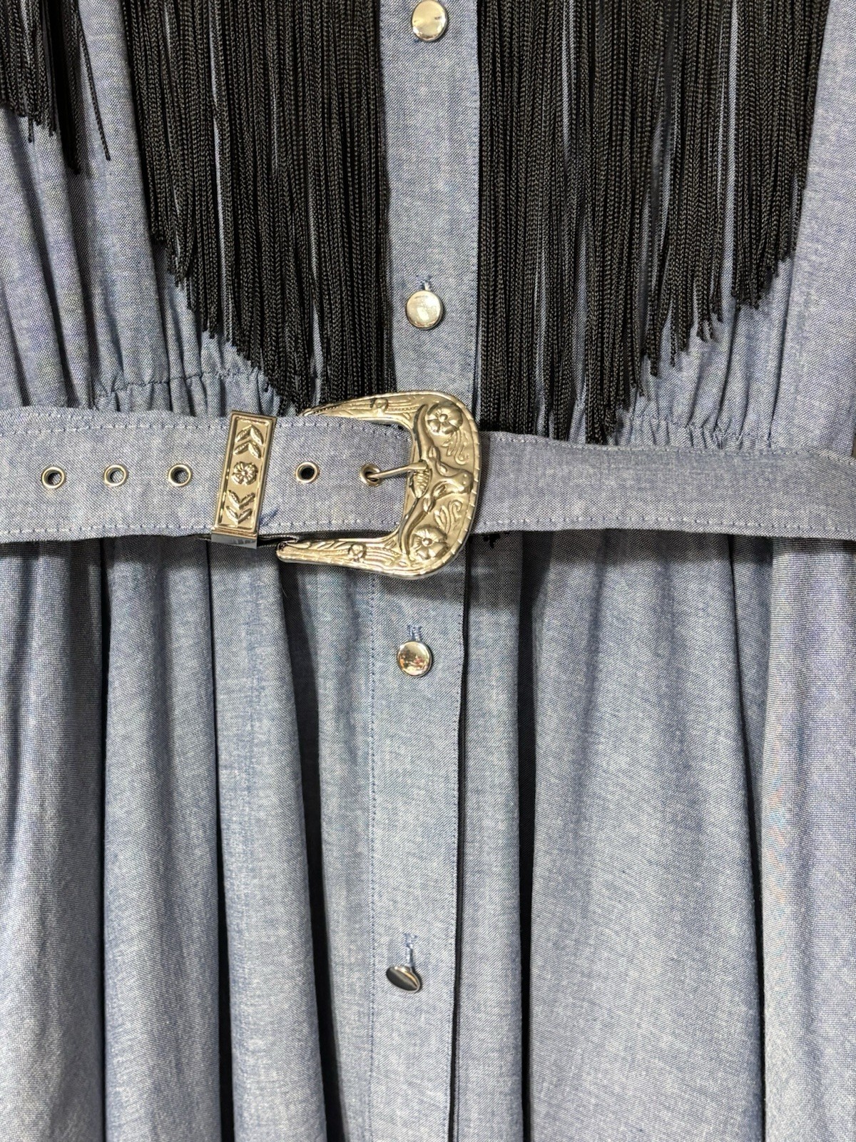 Vintage 80s Cowgirl Western Denim Fringe Midi Dress Large Button Up Long Sleeve