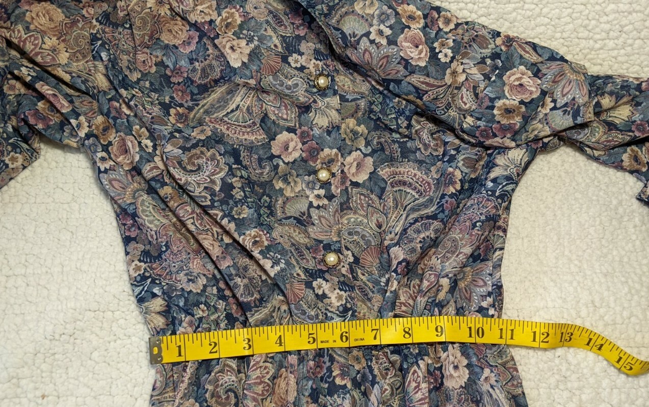 CALIFORNIA LOOKS Vintage Floral MAUVE Navy Puff Sleeve Dress MODEST 6 Petite