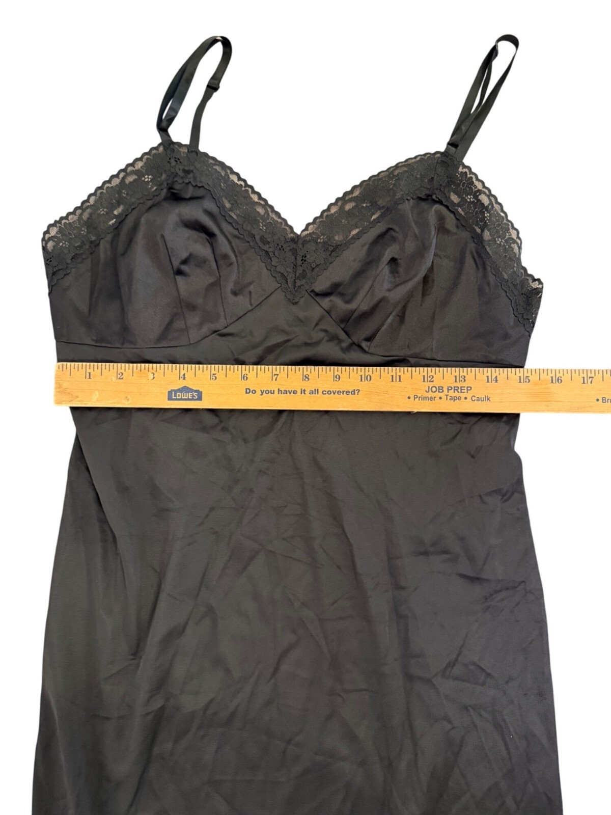 Vtg Vanity Fair Black Nylon Lace Slip Dress 38/28 Antron III Adjustable Straps