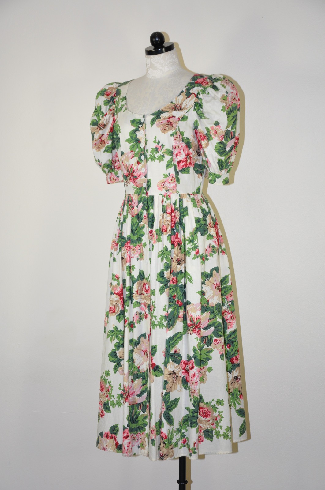 80s Vintage Pink Green Hibiscus Floral Puff Sleeve Romantic Midi Dress Women M L