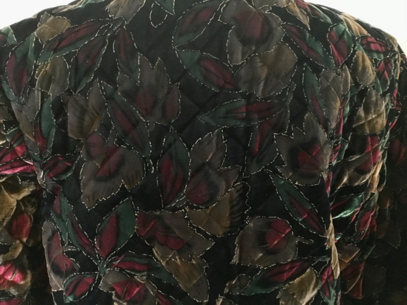 VTG GREG ADAMS SZ. LARGE LONG SLV. JACKET DARK FLORAL FABRIC QUILTED GOLD THREAD