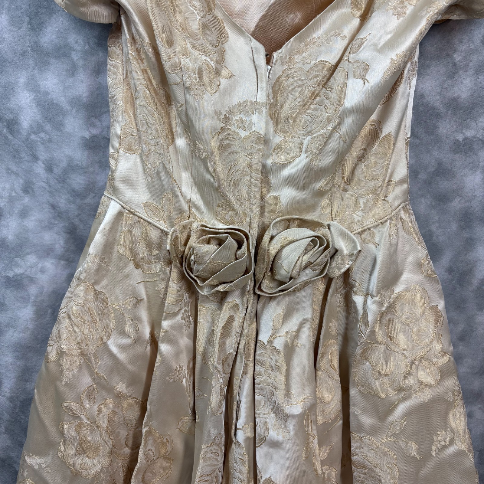 1950s Vtg Satin Brocade Formal Gown XS Champagne Rosette Waist Hand Made