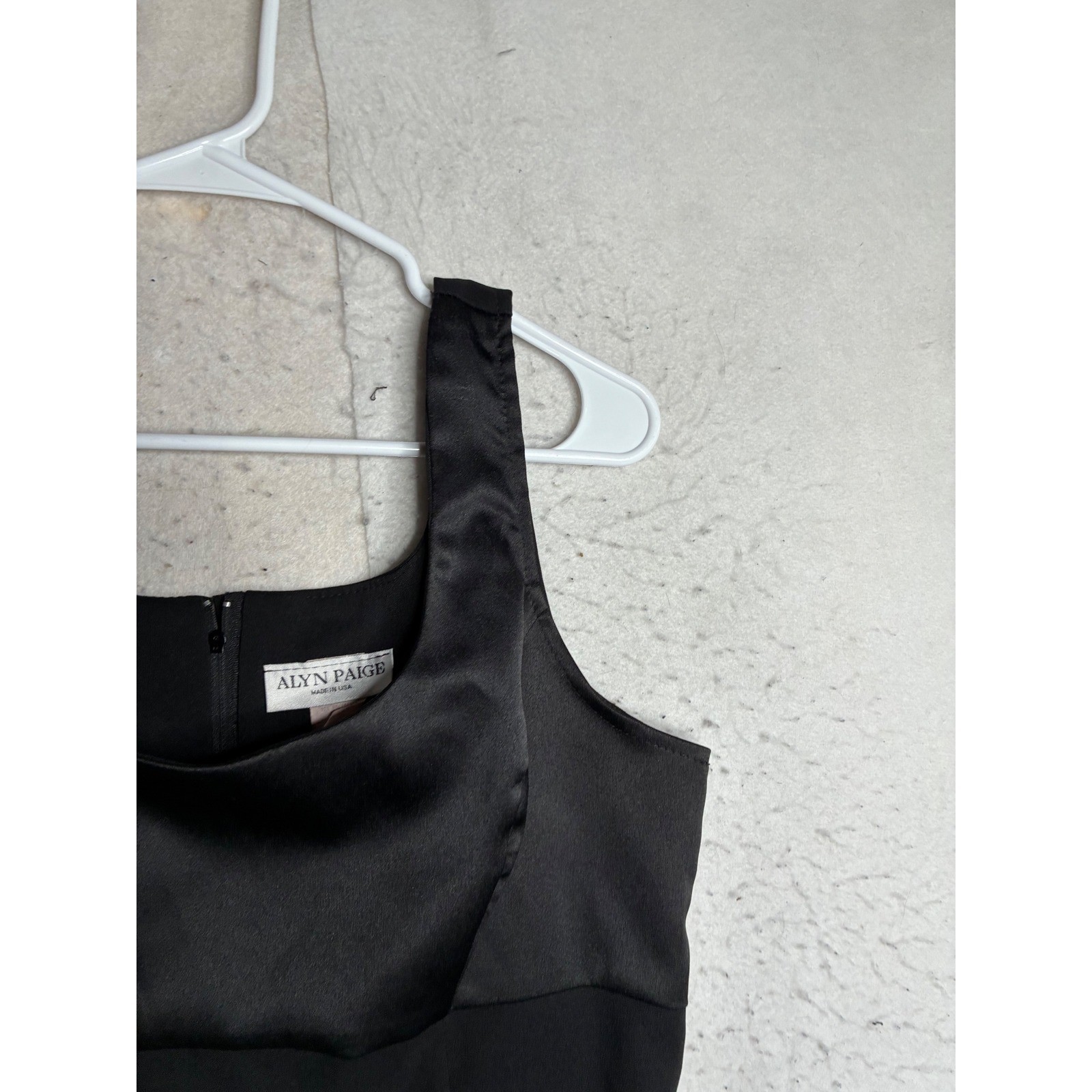 Alyn Paige Vintage Black Satin Crepe Mini Dress Sleeveless Square Neck Sheath