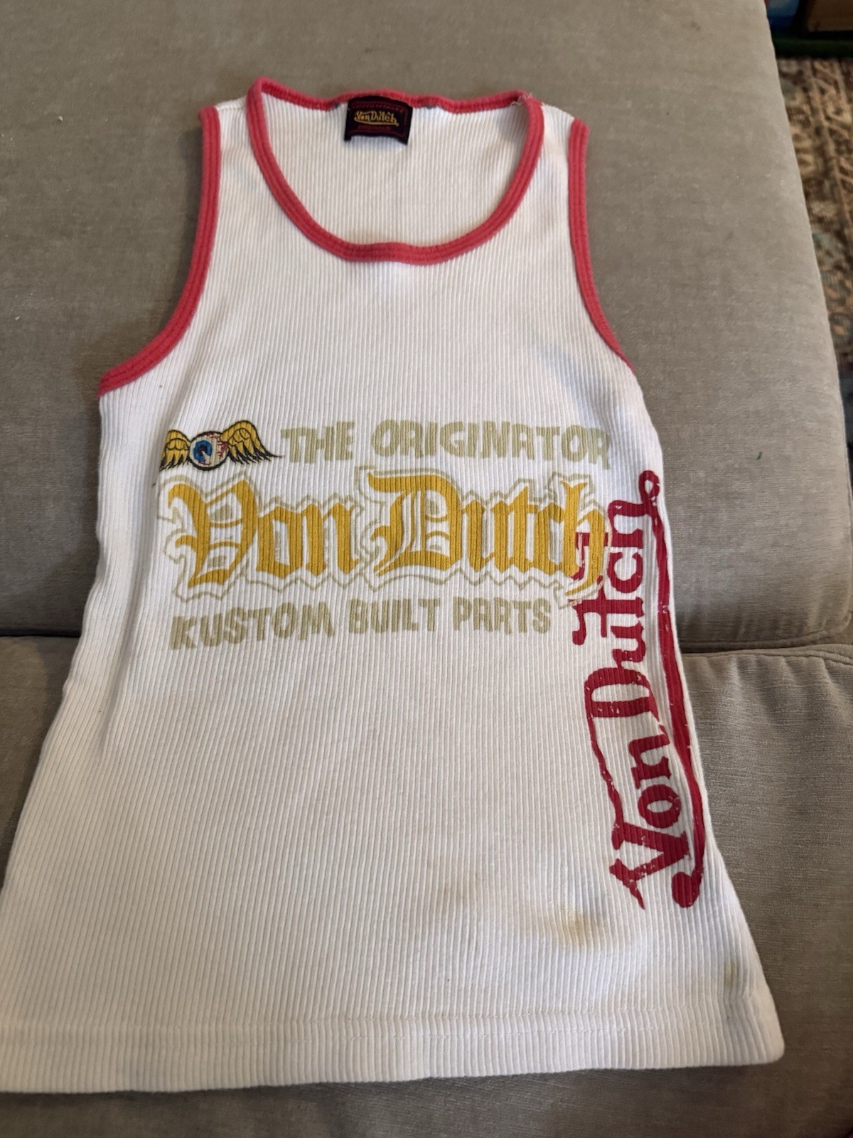 Vintage 2003 Von Dutch Ribbed Tank Top White Red Trim USA Made S/M Y2K LA Store