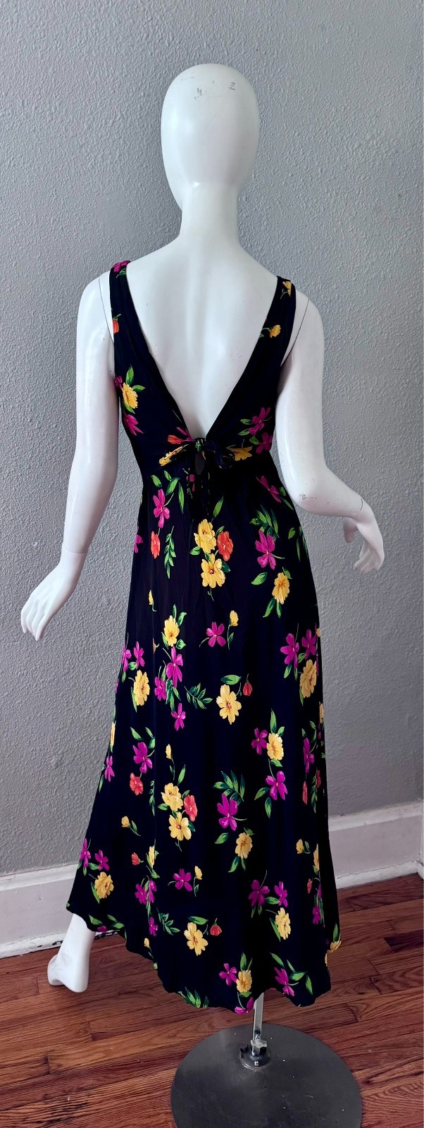 Vintage 90s Black Floral Femme Rayon Maxi Sun Dress M
