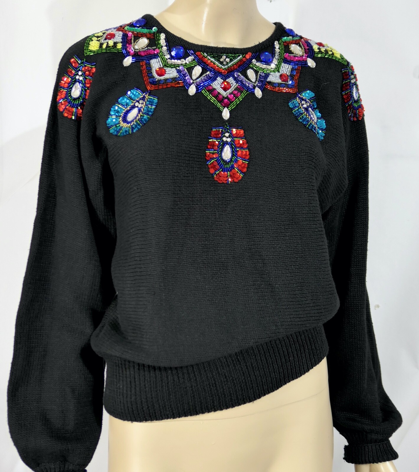 Vintage 80s Crystal Kobe Beaded Jewel Sequin Neckline Ramie Sweater M