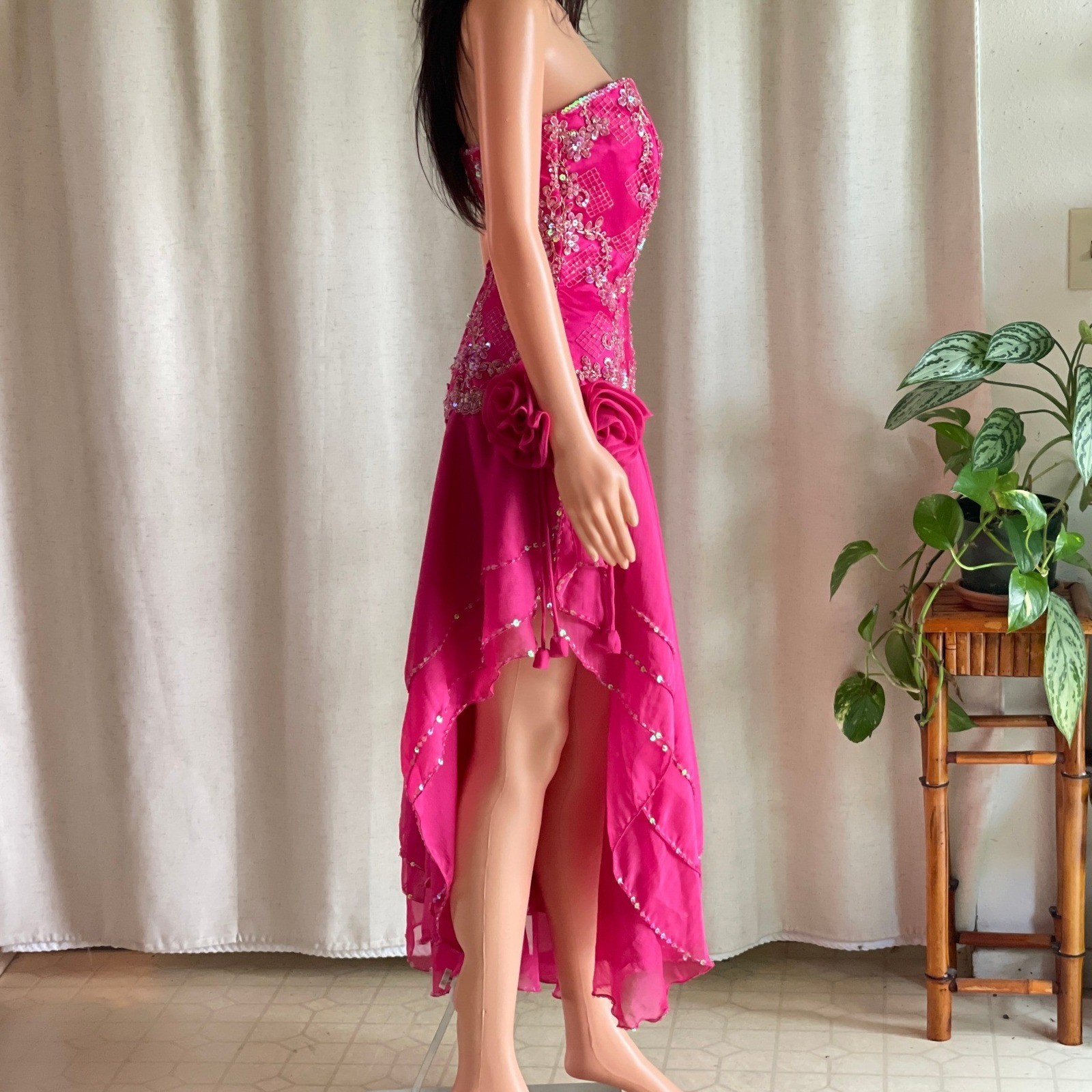 Vintage Y2K Handmade Fuchsia Pink Beaded Fairycore Strapless Prom Dress Gown S