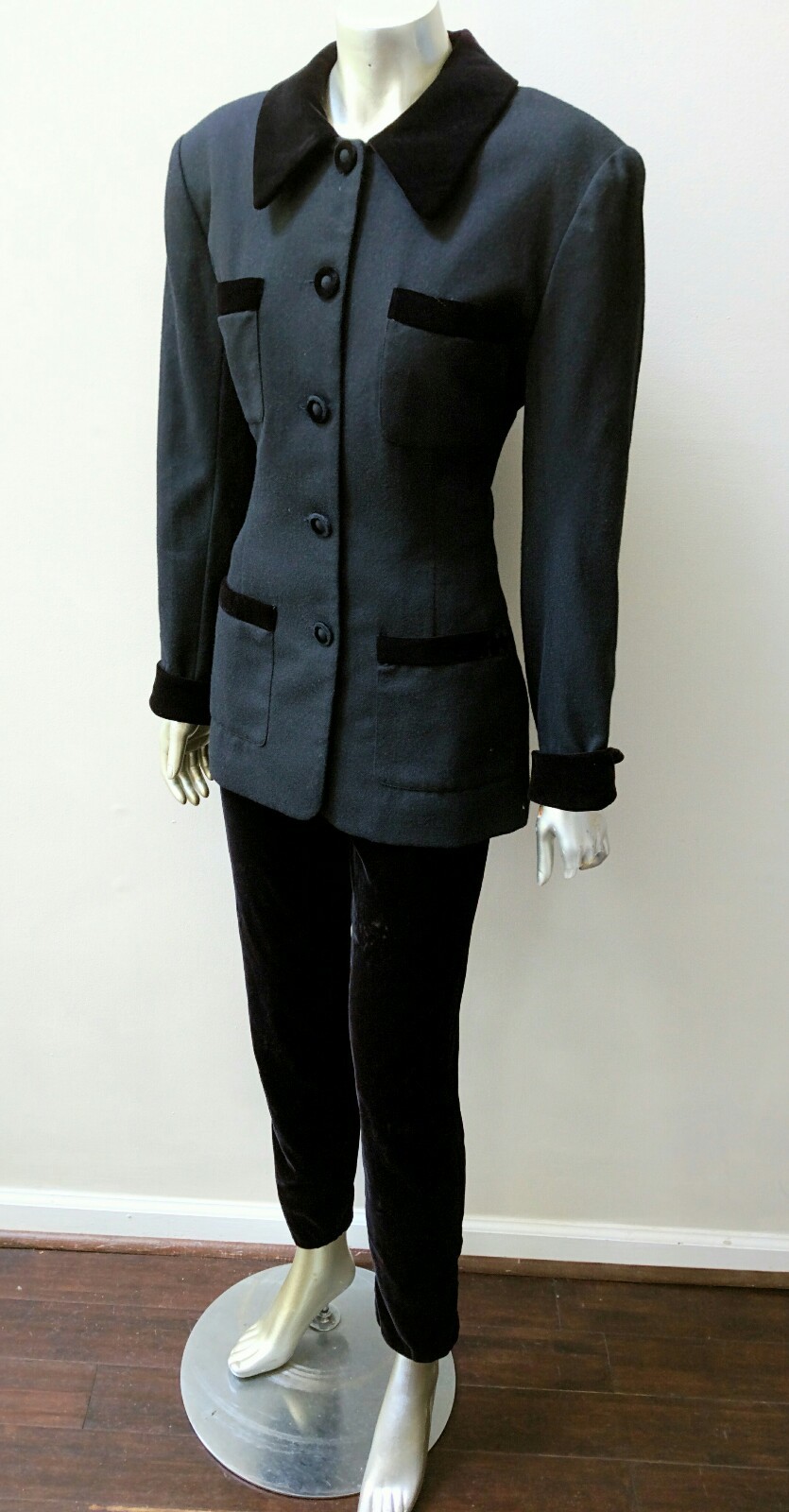 ANNA SUI MOD WORK ART GRUNGE BOHO WOOL VELVET PENCIL LEG 2 PC PANTSUIT sz M