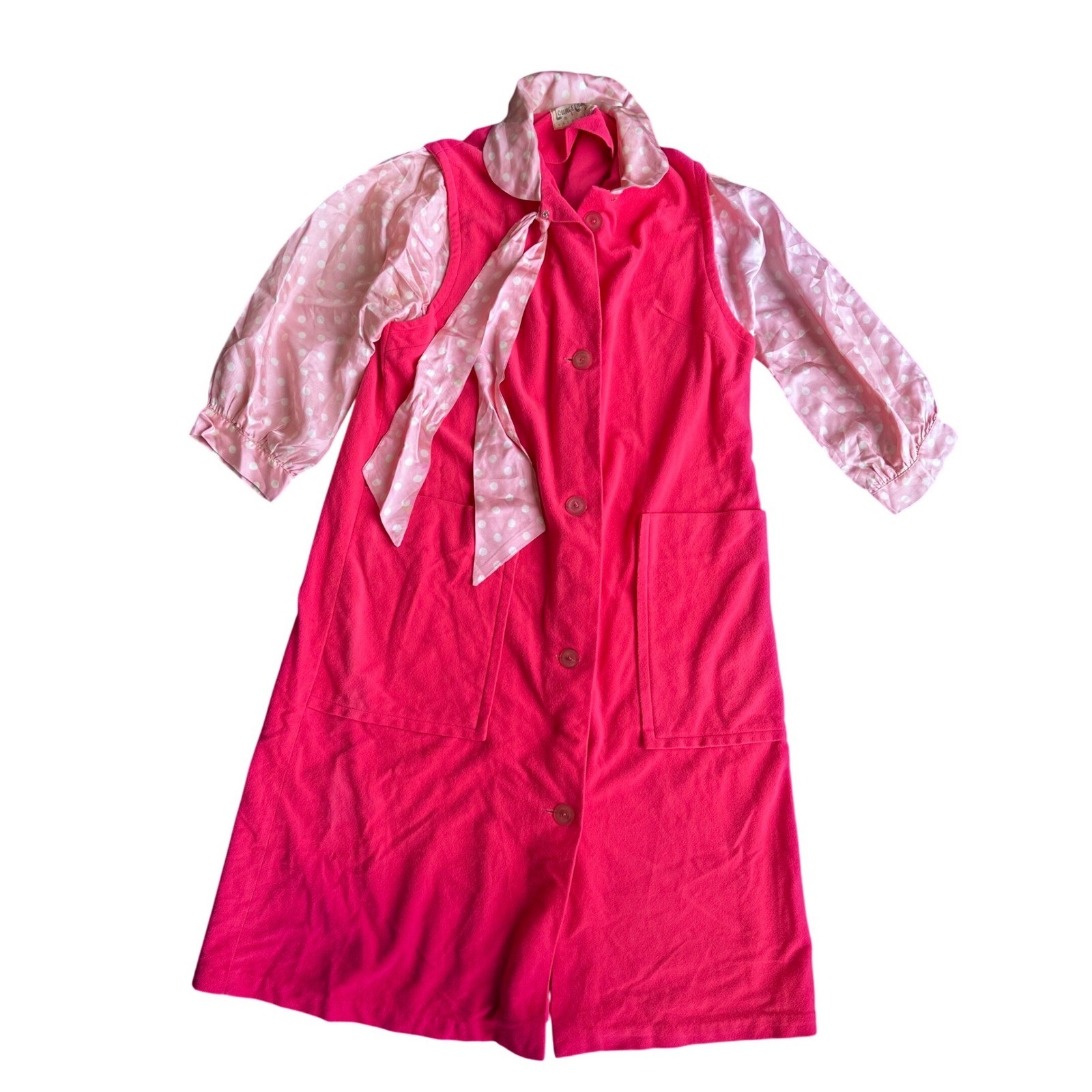 Vintage Lounge Craft Originals Pink Polka Dot House Dress Robe Tie Neck Small