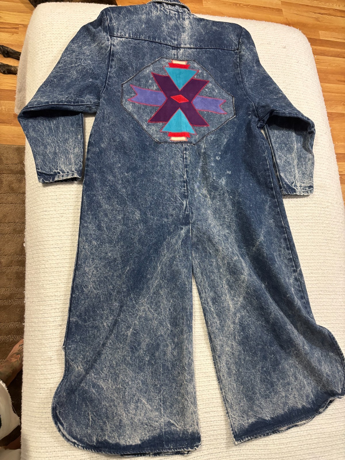Vintage 80s Pioneer Wear Acid Wash Denim Duster Coat, Southwestern Applique/Fur
