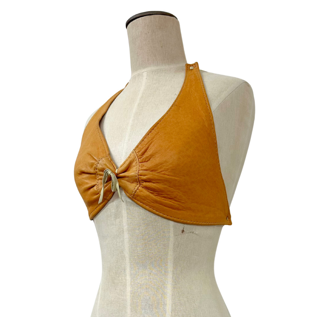 Vintage 1970s Orange Leather Woodstock Hippie Bra Top
