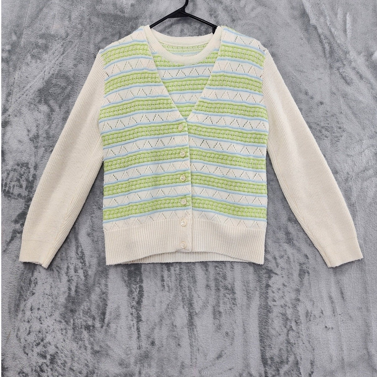 Vintage Sweater Womens XS Cream Green Blue Striped Pointelle Cardigan Twin Set