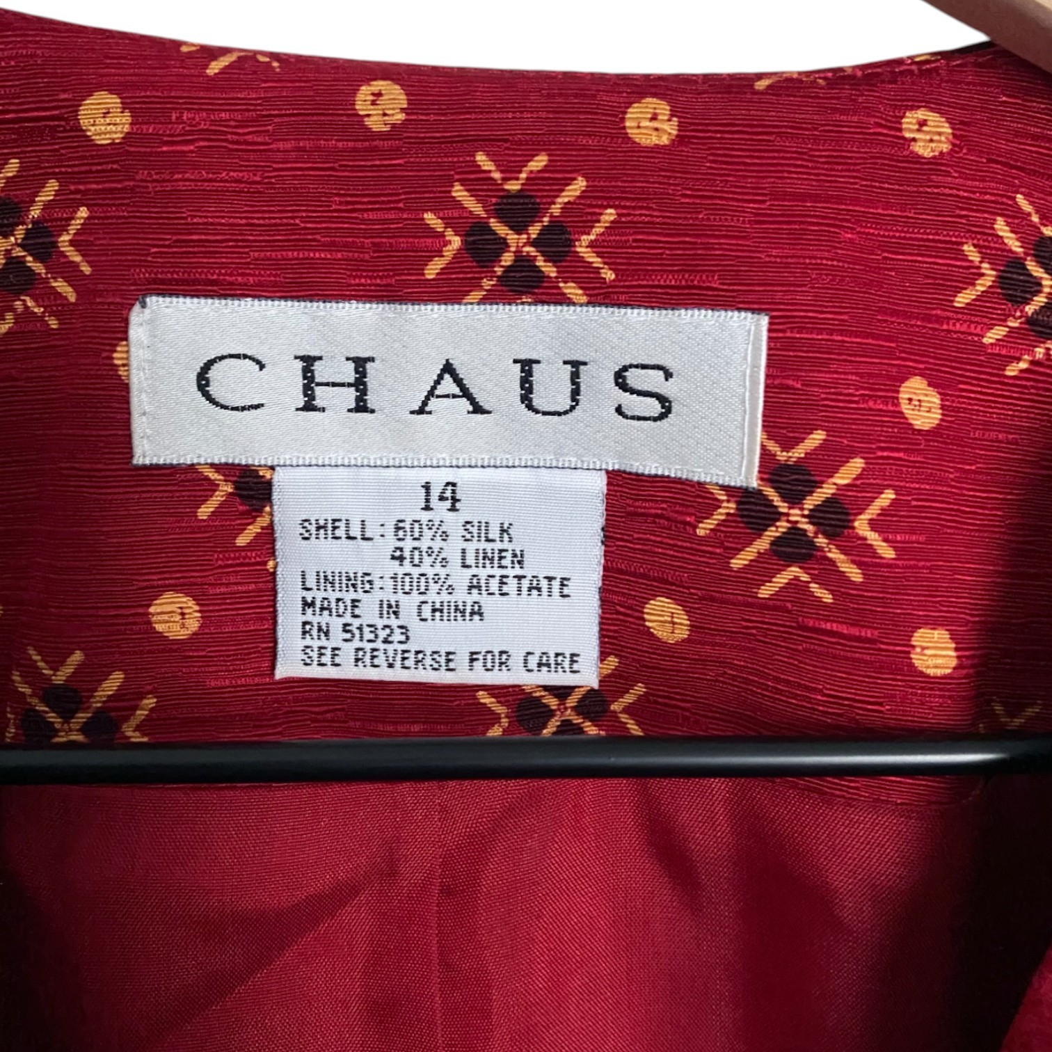 Red Silk Linen Collarless Blazer with Front Flap Pockets, Size 14