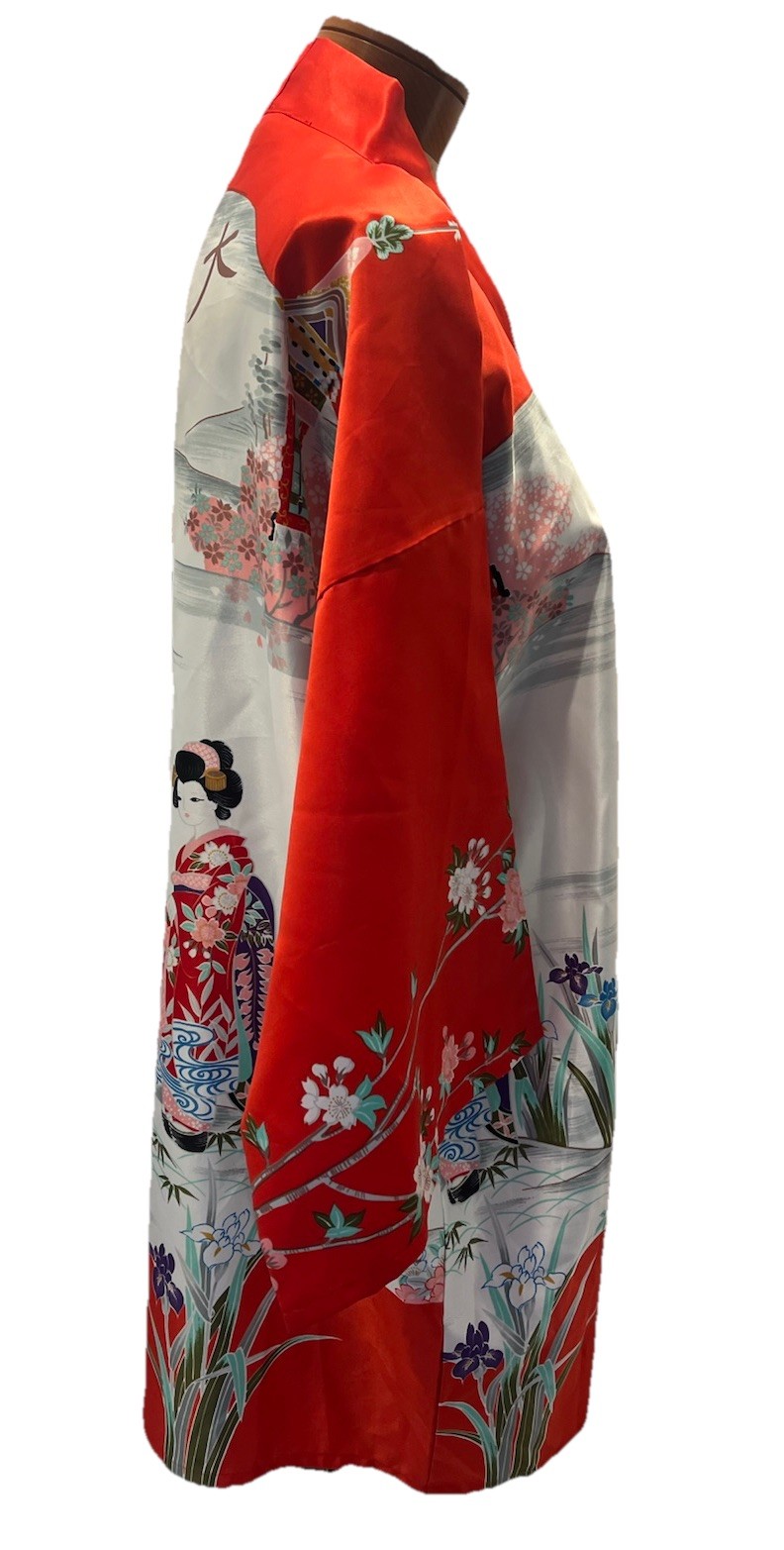 Vintage Japanese Kimono Robe Red Satin Geisha Pagoda Loungewear Jacket Women OS