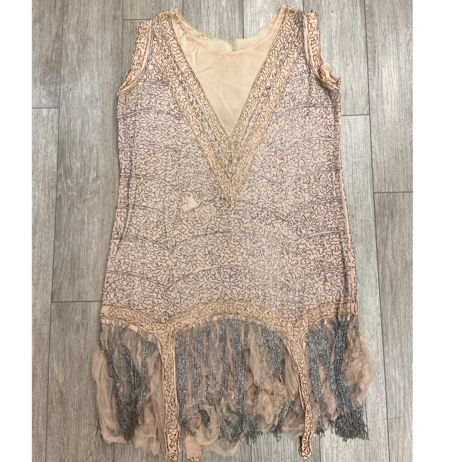 1920s Silk Dress Beaded Pink Silver and Gold Beads Flapper Fringe V Neck Display