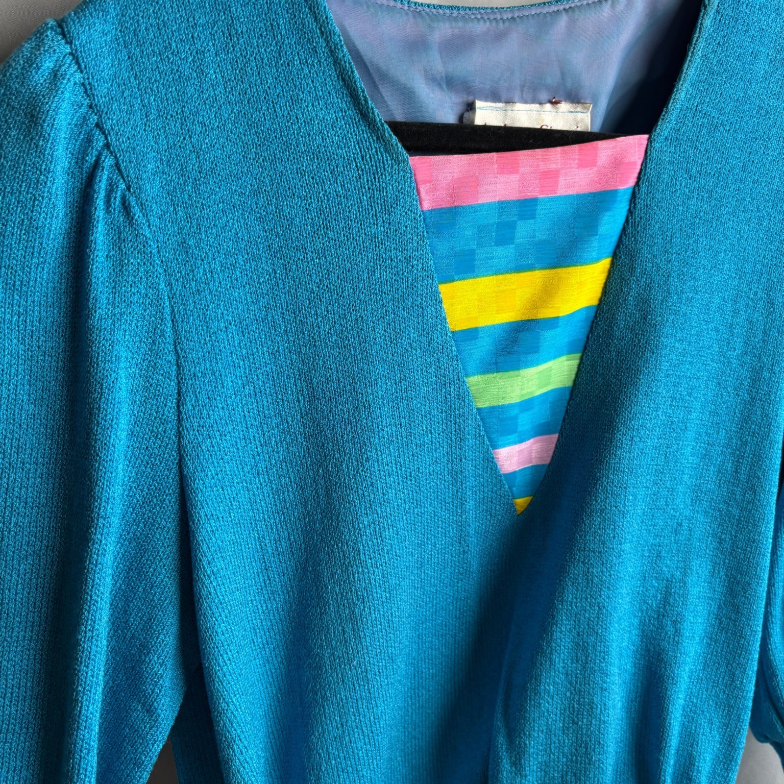 Anthony Sicari Vintage 80s Blue Knit Sweater Rainbow Inset 6 Pastel Colorful