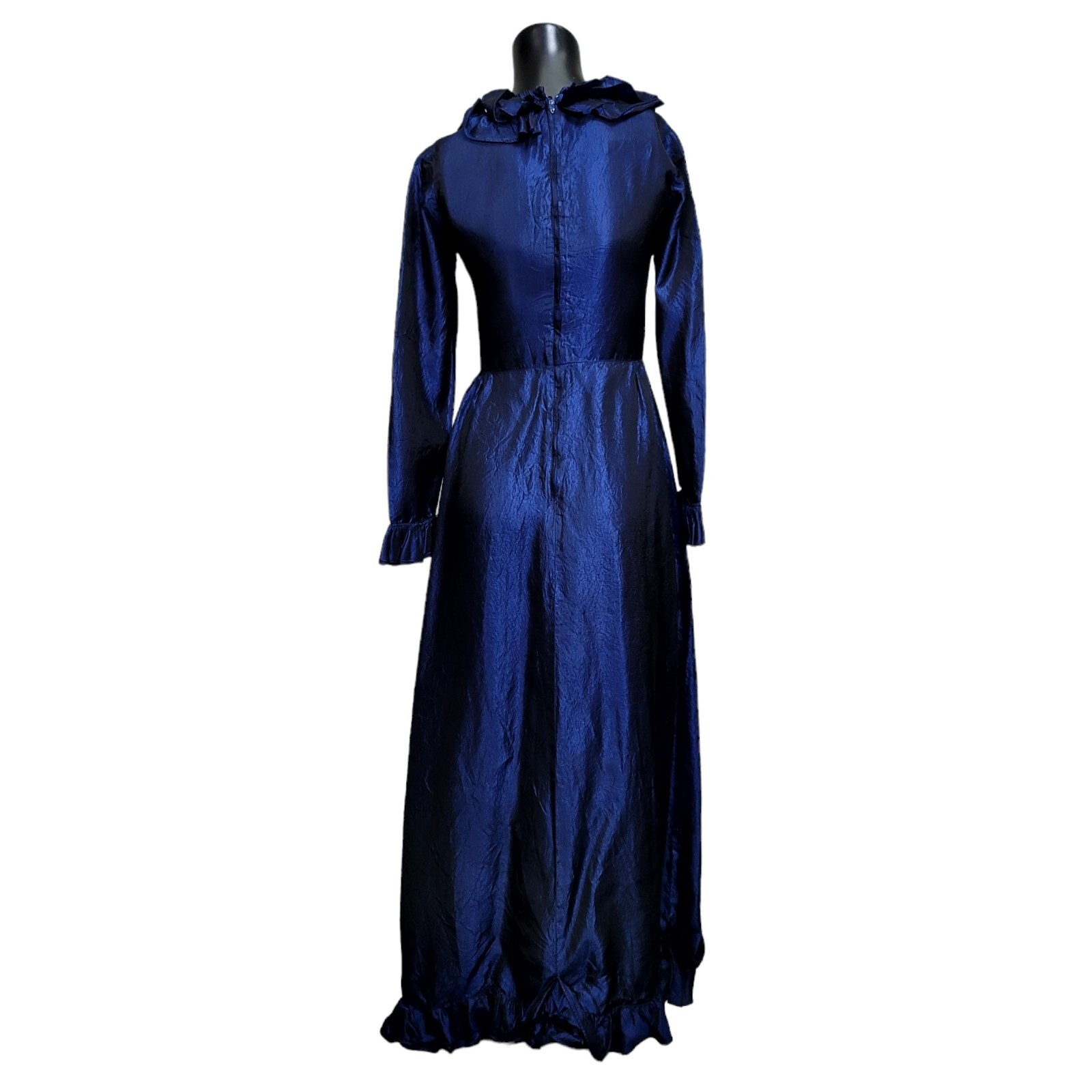 Vintage 70s Dan Leslie Womens S Midnight Blue Crushed Taffeta Ruffles Maxi Gown
