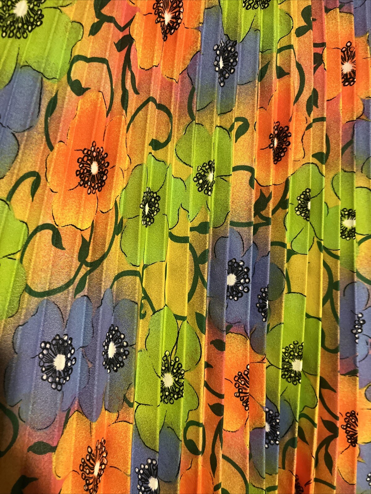 Vintage 70’s Greencastle Accordion Pleated Green Orange Floral Blouse Tropical