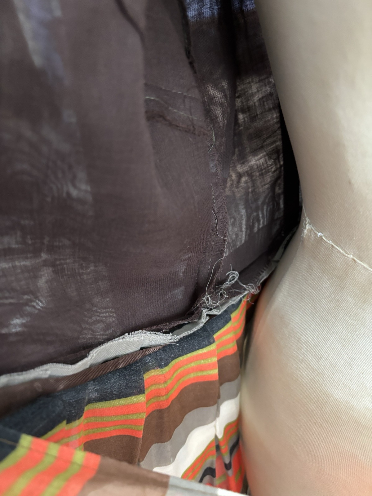 VTG 1970s Maxi Dress Retro Mod Stripe Belt Semi Sheer Brown Orange B34″ W28″ M
