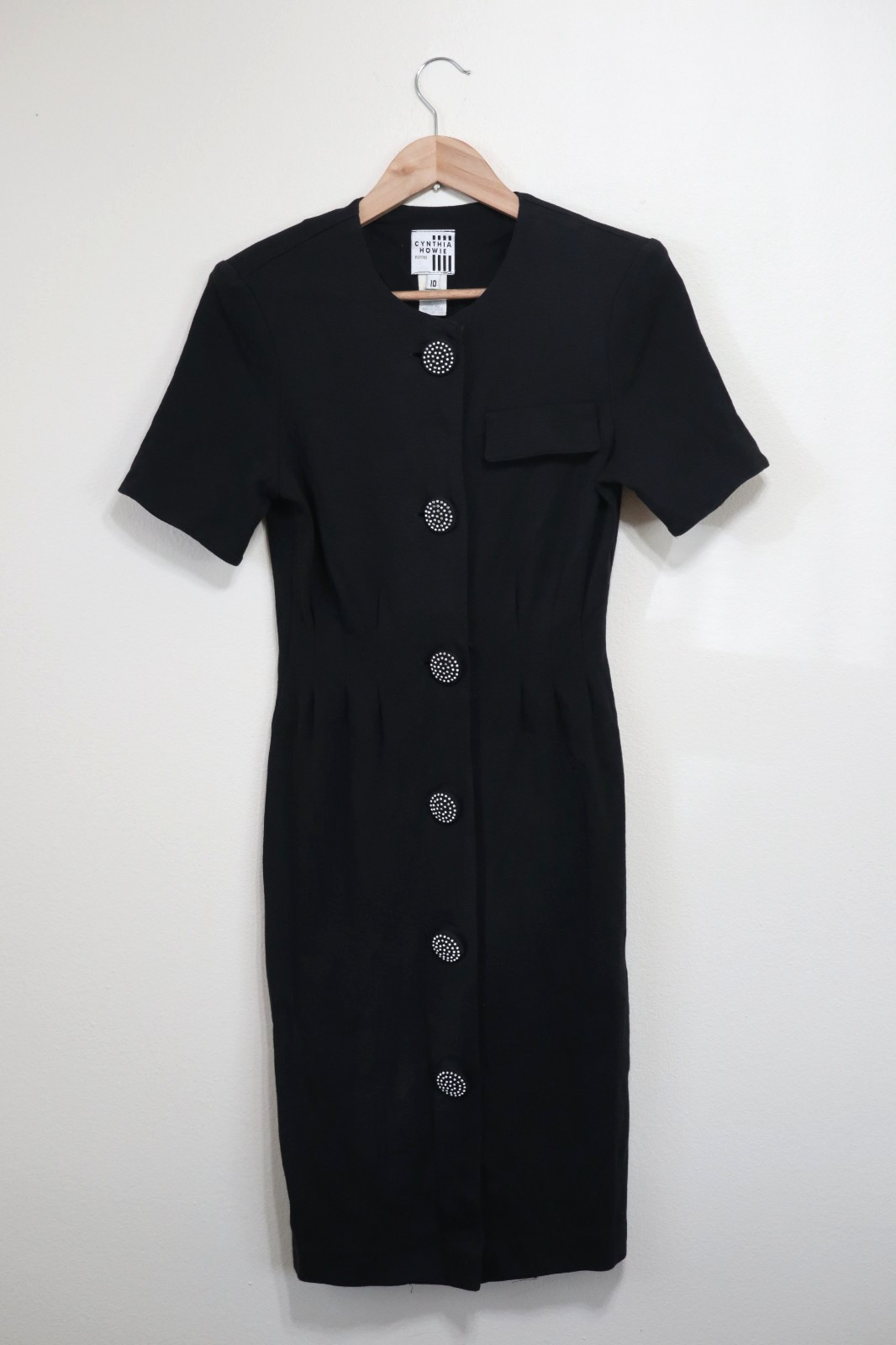 90s Vintage Cynthia Howie Black Knit Jersey Big Buttons Sheath Dress Women XS S