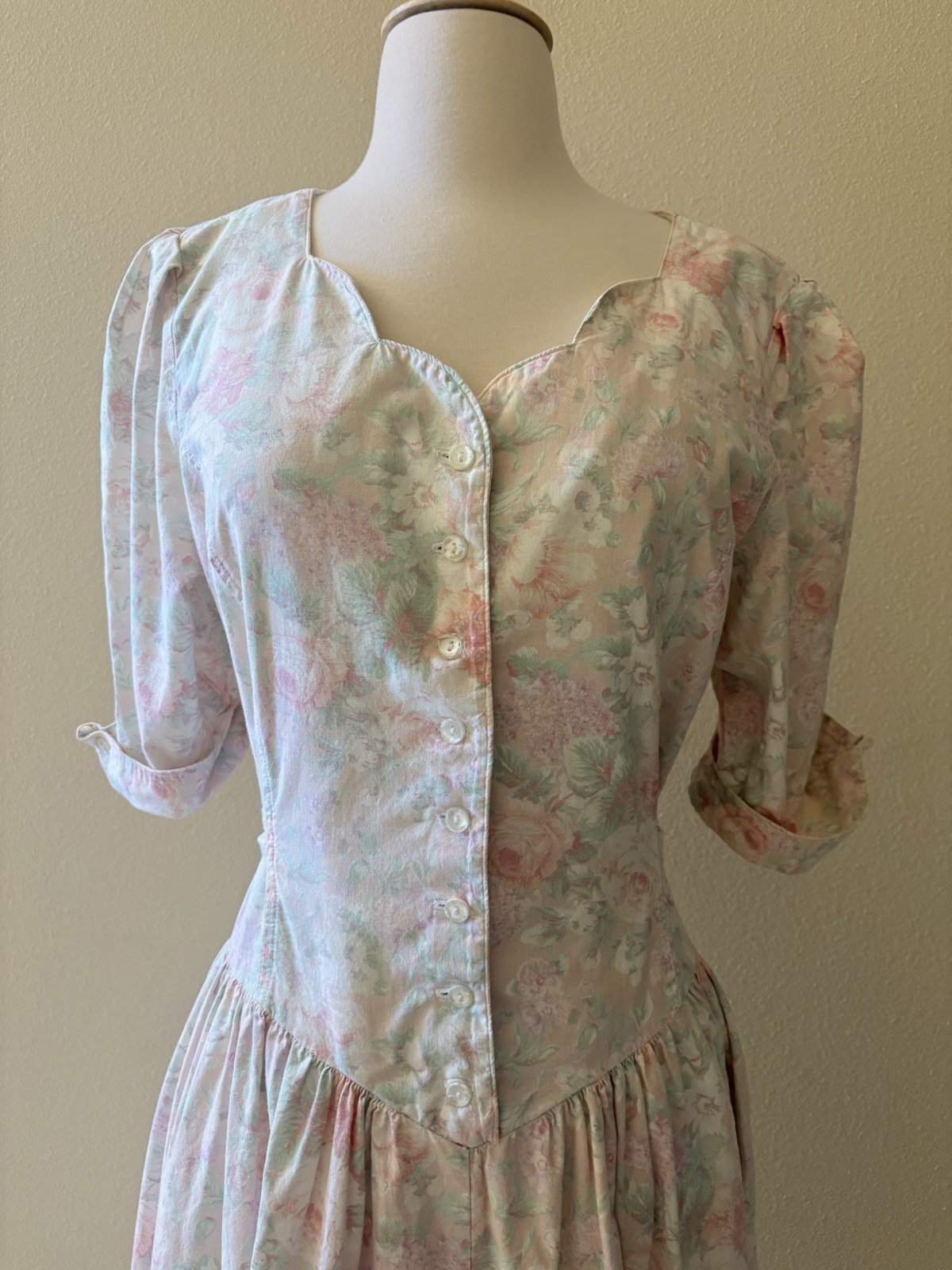Vintage 80s Midi Dress Pastel Floral Cottagecore Garden Party Tea Dress Size M