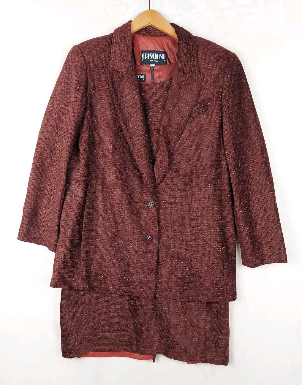 VTG 90s Criscione NY 2 PC Tweed Dress Suit Womens Large Shimmer Quiet Luxury