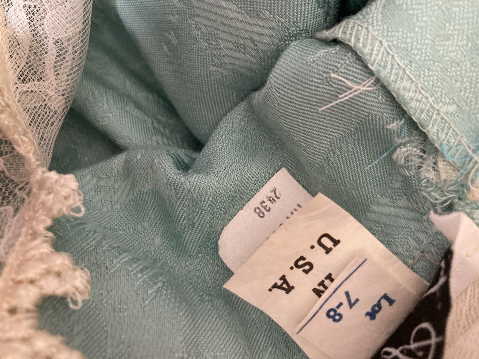 JSJ Vintage Aqua Jacquard/Brocade Dress With Lace & Pearls Size 7/8 Made In USA