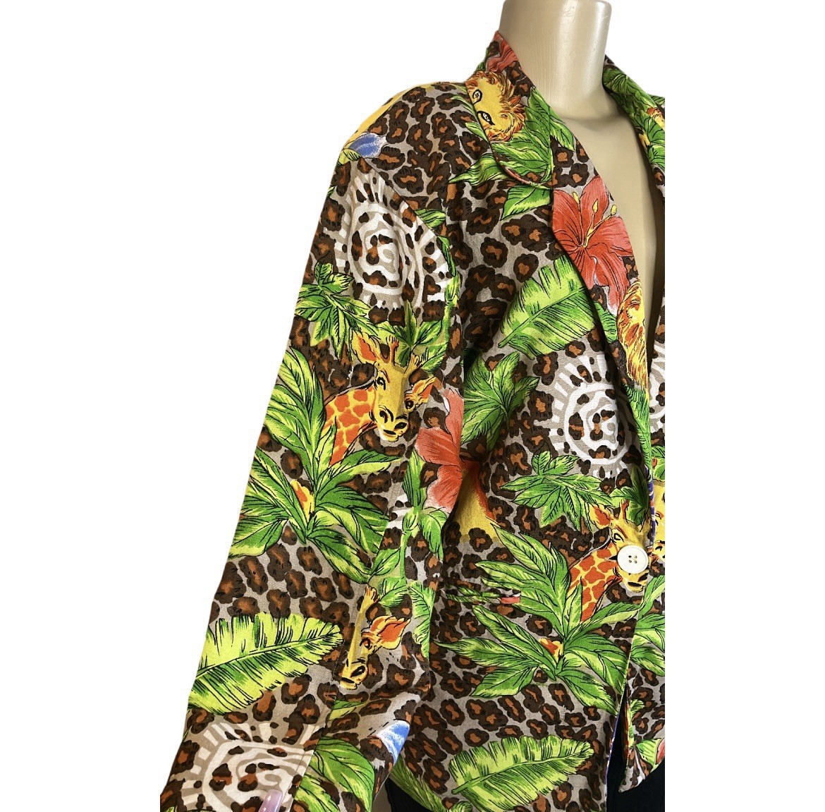 Vintage 80s Adolfo International Watercolor Jungle Theme Blazer