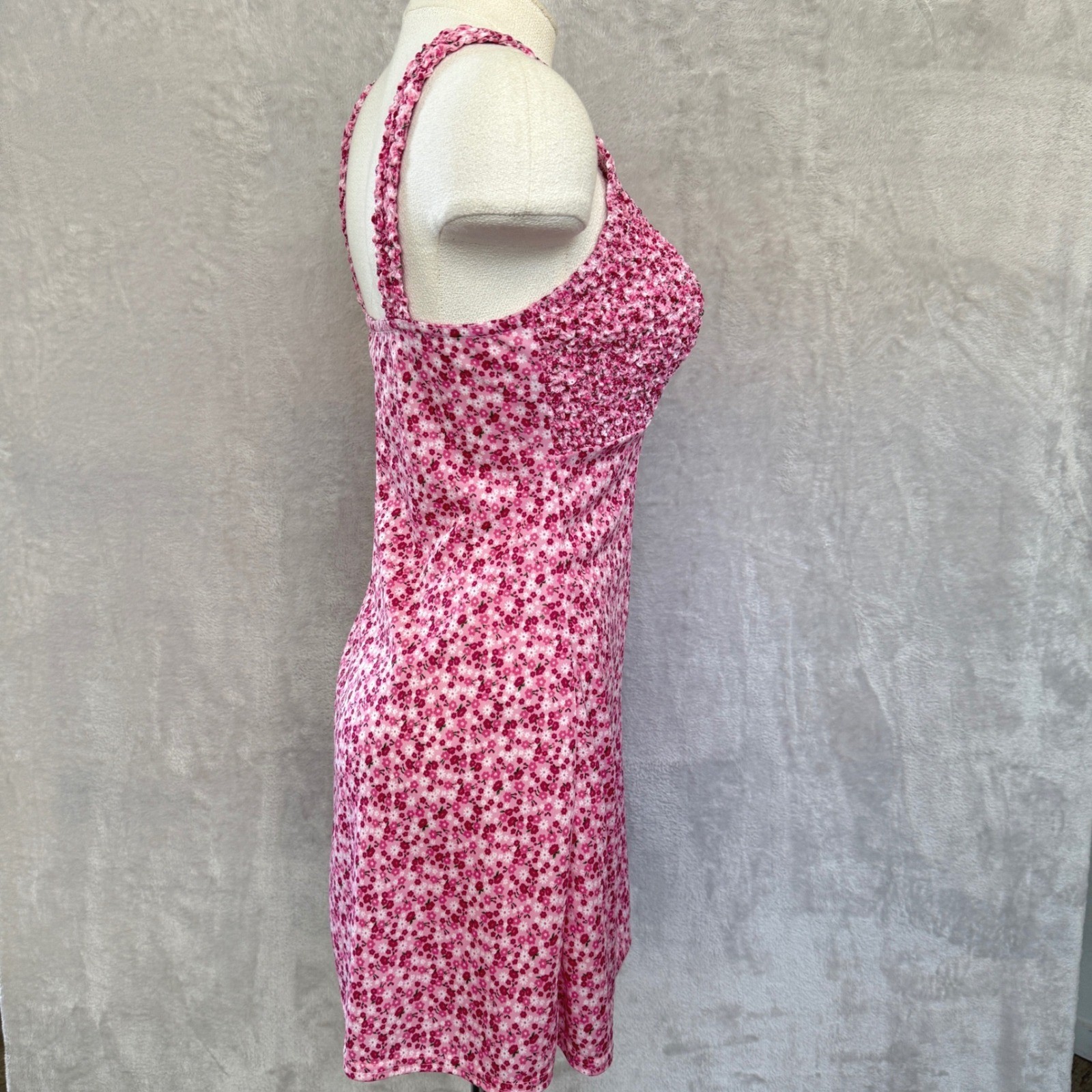 Vintage Y2K Pink Floral Popcorn Smocked Mini Dress Small Made in USA Fairy 2000s