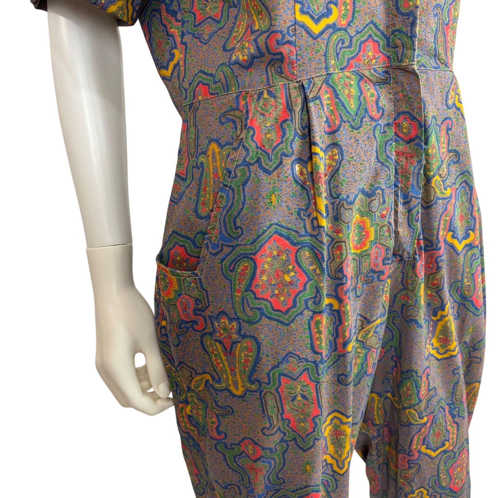 Vintage 50s Jumpsuit Womens L AS IS Multicolored Pattern Cotton Zip Up Casual