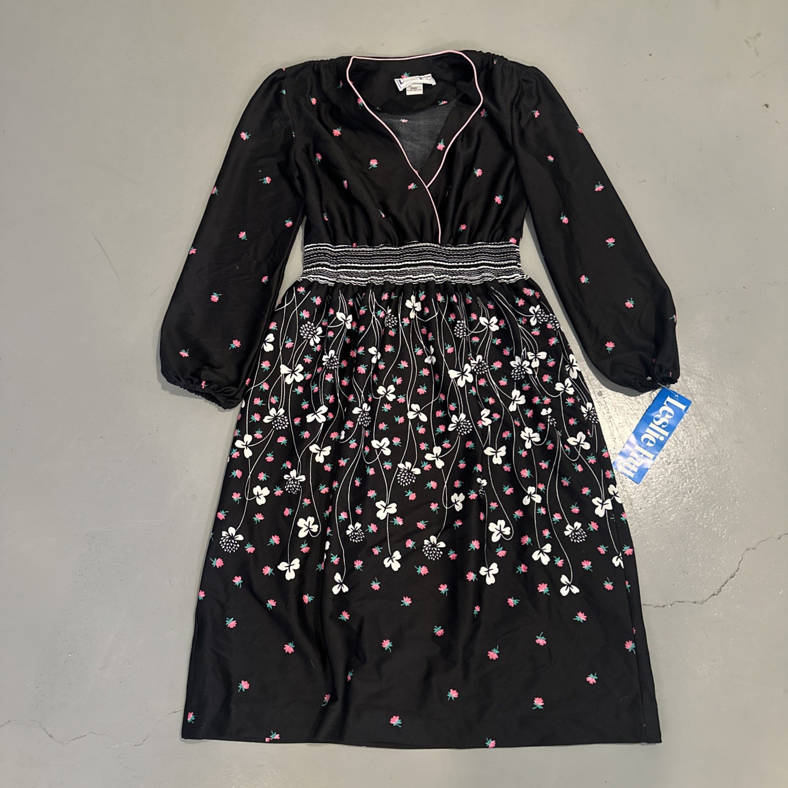 Vintage retro Black floral print Brand New Leslie Fay Long Elegant Dress See Pic