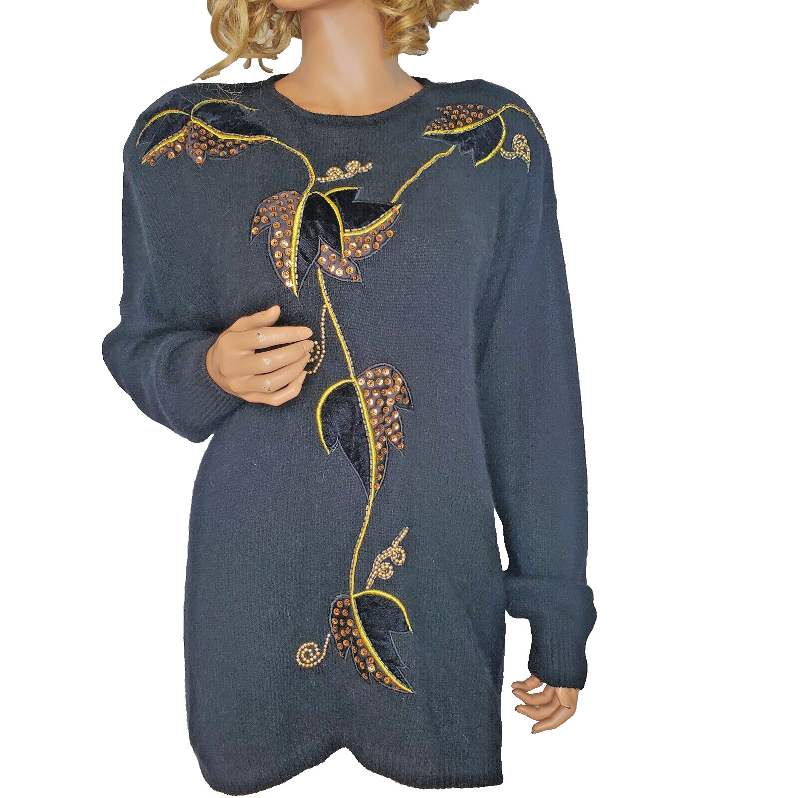 Vintage Glam Hong Kong LS Beaded & Sequined Sweater Silk Angora Lambswool Lg