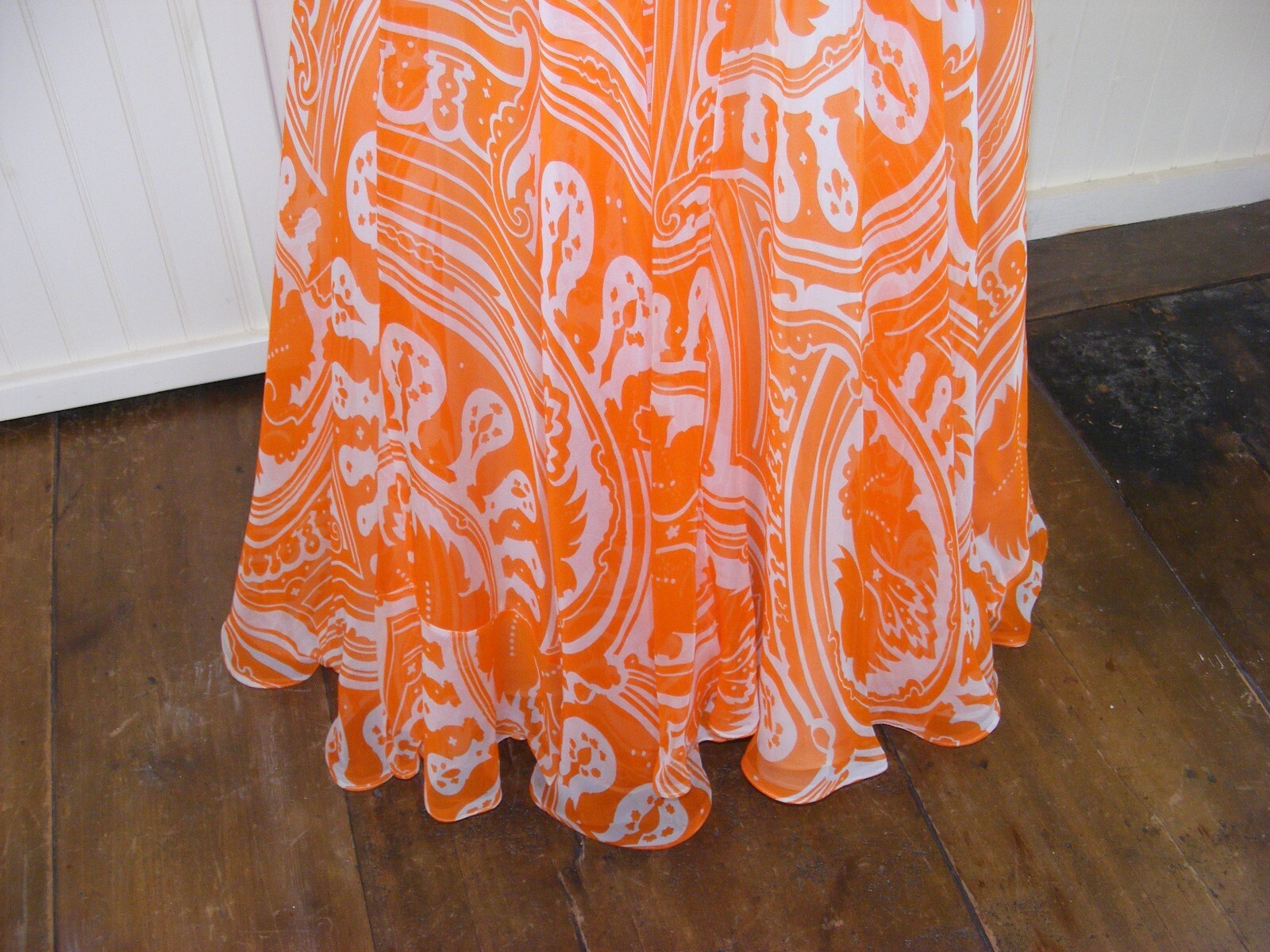 1970 DRESS KIKI HART COUTURE ORANGE WHITE CHIFFON EMPIRE WAIST BALL GOWN SM