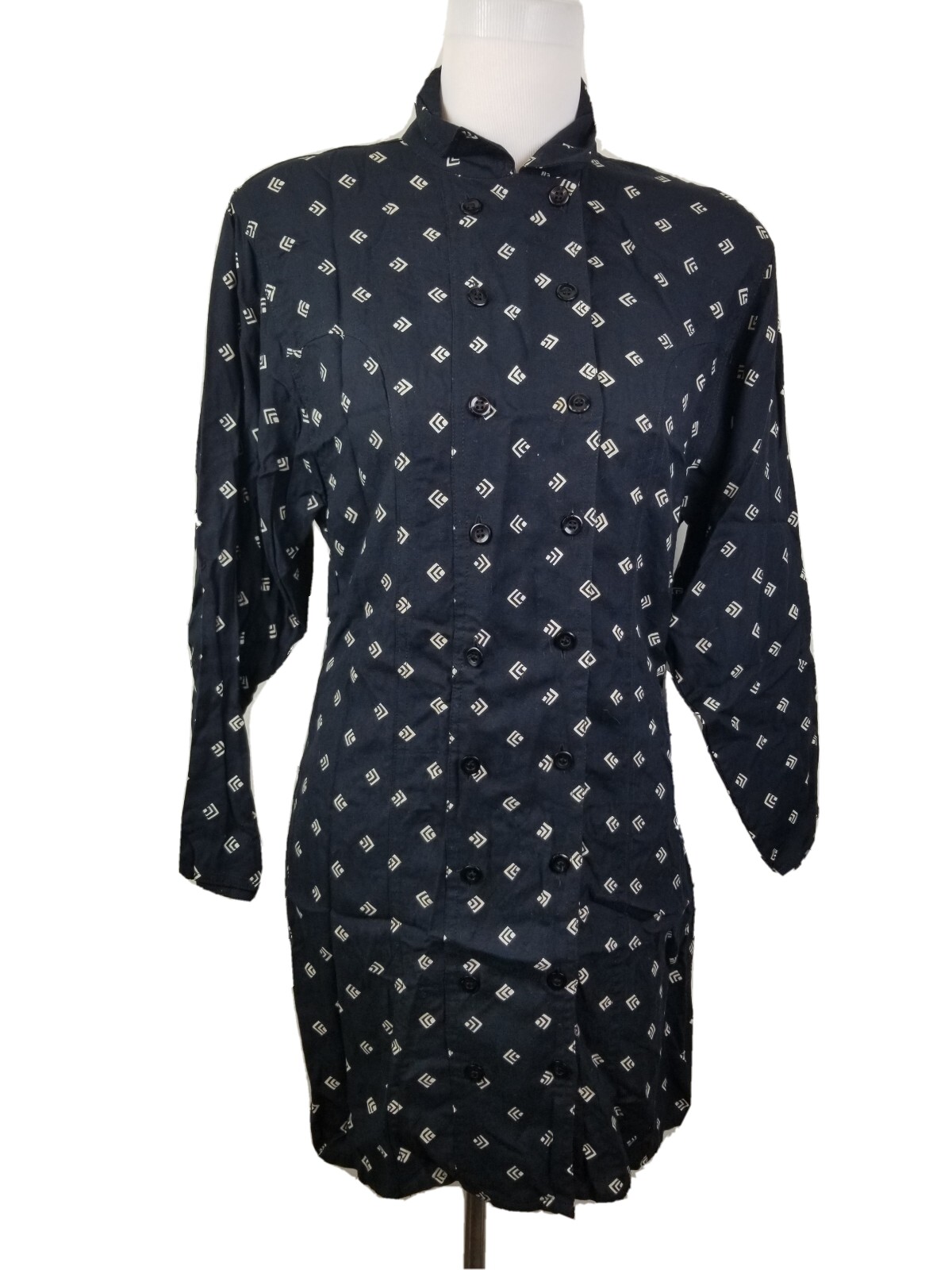 Vintage Women Printed shirt dress long sleeve black small shoulder pads buttons
