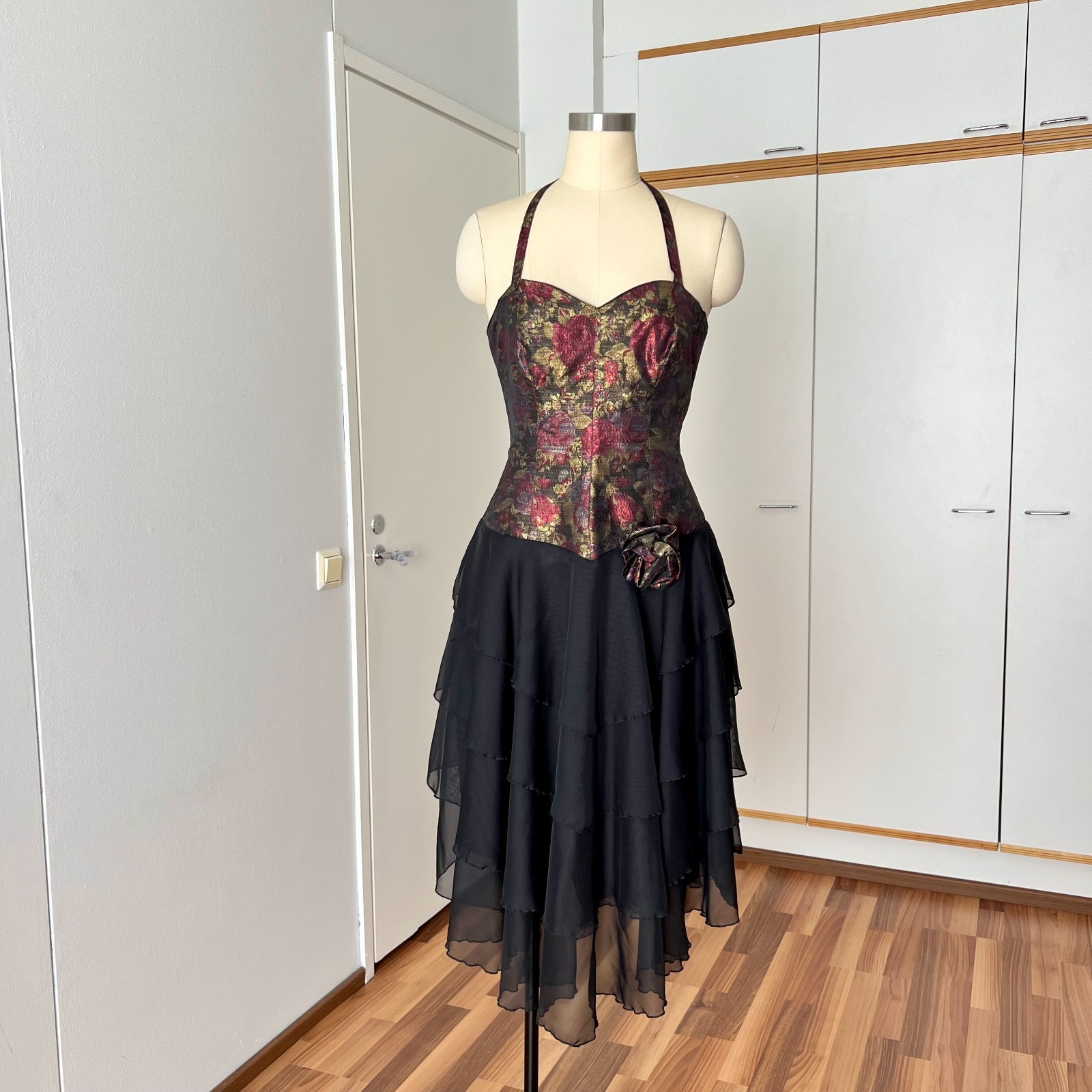 1980s Floral Brocade Halter Neck Party Dress Tiered Ruffle Evening Gown Fairy