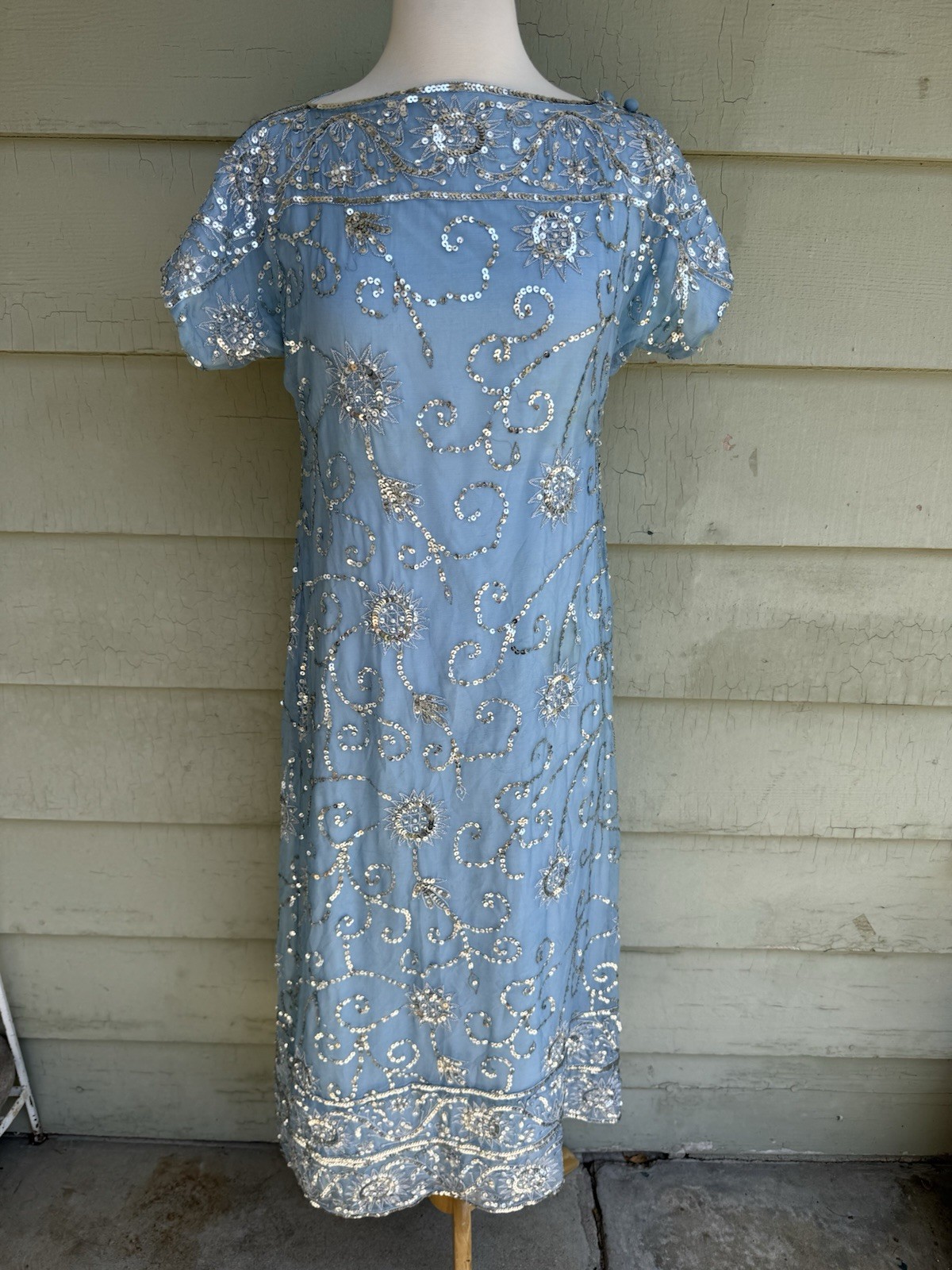 Vtg 60’s Profils Du Monde Beverly Hills Baby Blue Gown Silver Sequins Silk S