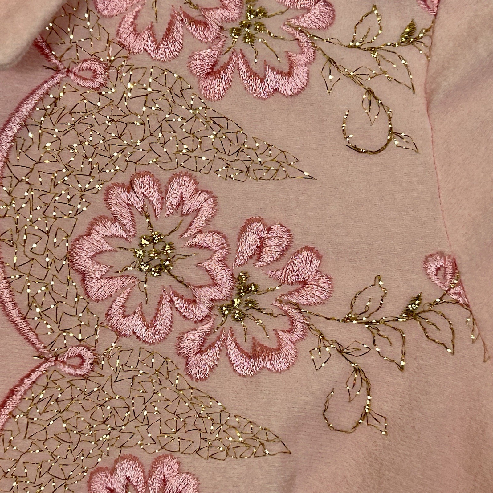 VTG Charmode Pink Embroidered Housecoat Robe Size Small Gold Pink Floral (G)