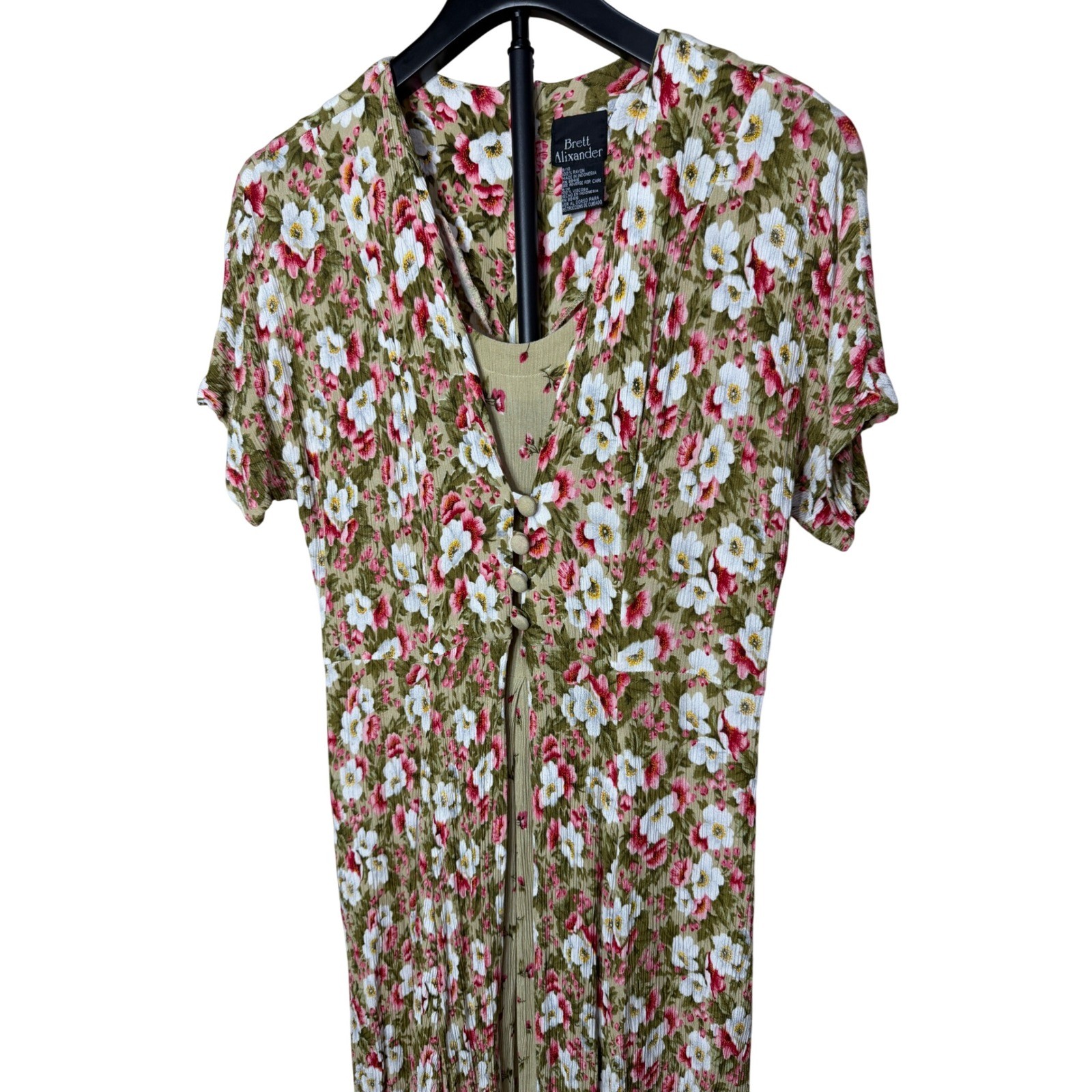 Brett Alixander Vintage Floral Layered Maxi Dress Olive Green Pink Rayon 9/10