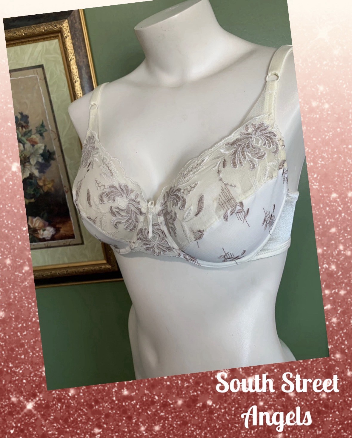 VINTAGE WACOAL 85775 IVORY & TAN EMBROIDERED SEMI SHEER UNDERWIRE BRA SIZE 34C