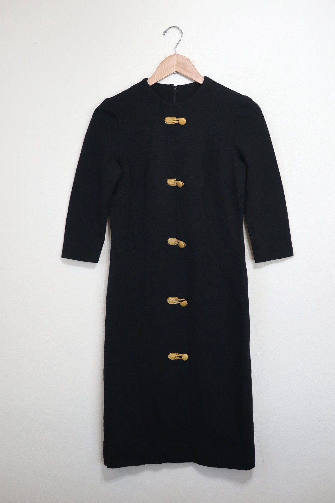 60s Vintage Kay Windsor Black Knit Jersey Yellow Buttons Sheath Dress Women XS S