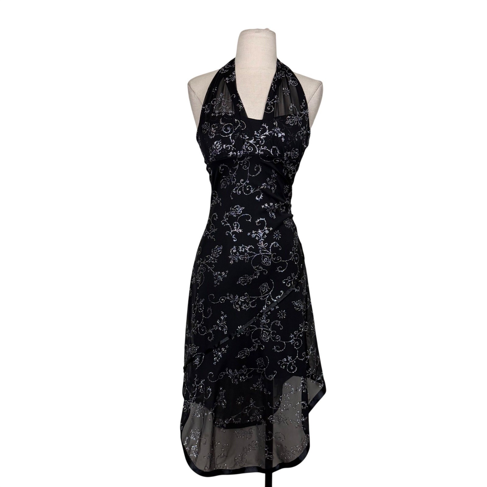 Vtg 90s Y2K Taboo Black Glitter Asymmetrical Fairy Dress Sz XS Ruched Whimsygoth