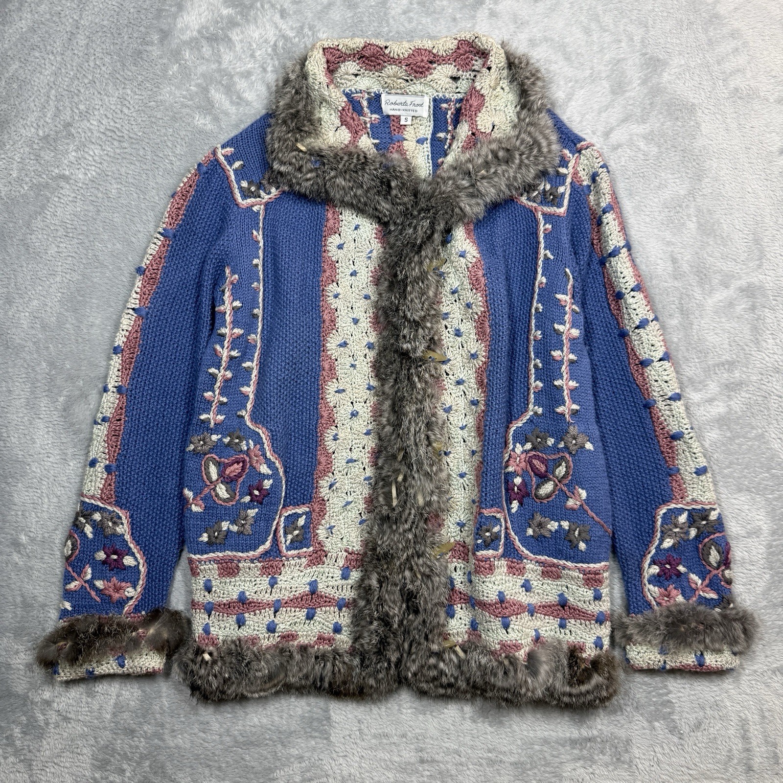 Roberta Frost Womens S Cardigan Sweater Hand Knit Alpaca Rabbit Fur Cottage Core