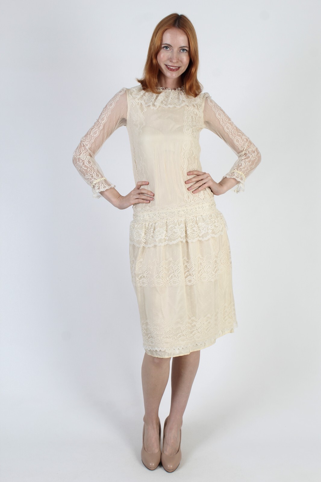 Vtg Country Elegance Cottagecore Dress Sheer Drop Waist Deco Prairie Peasant