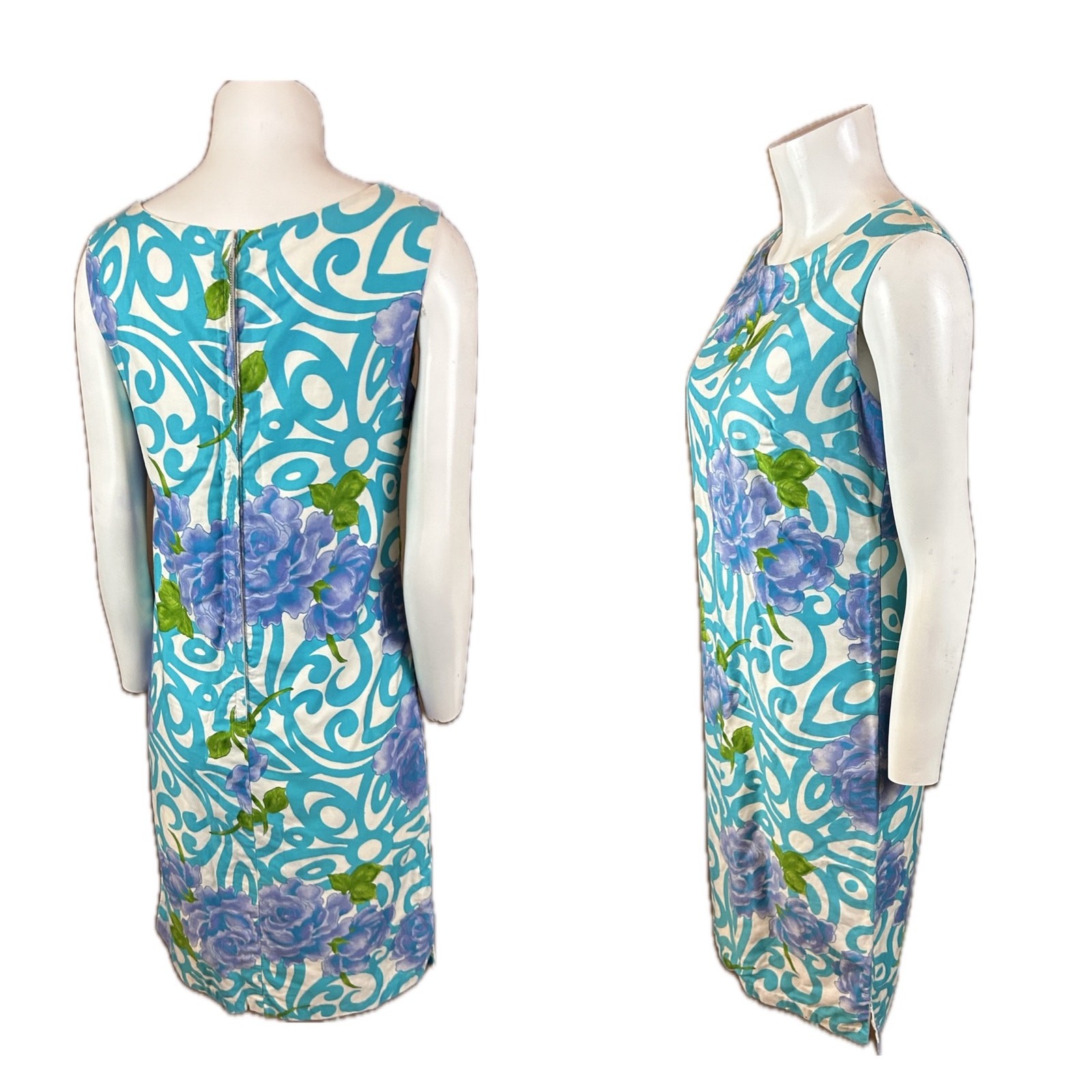 Vintage 60s Blue Swirl Floral Cotton Shift Dress sleeveless Screen Printed XS ^