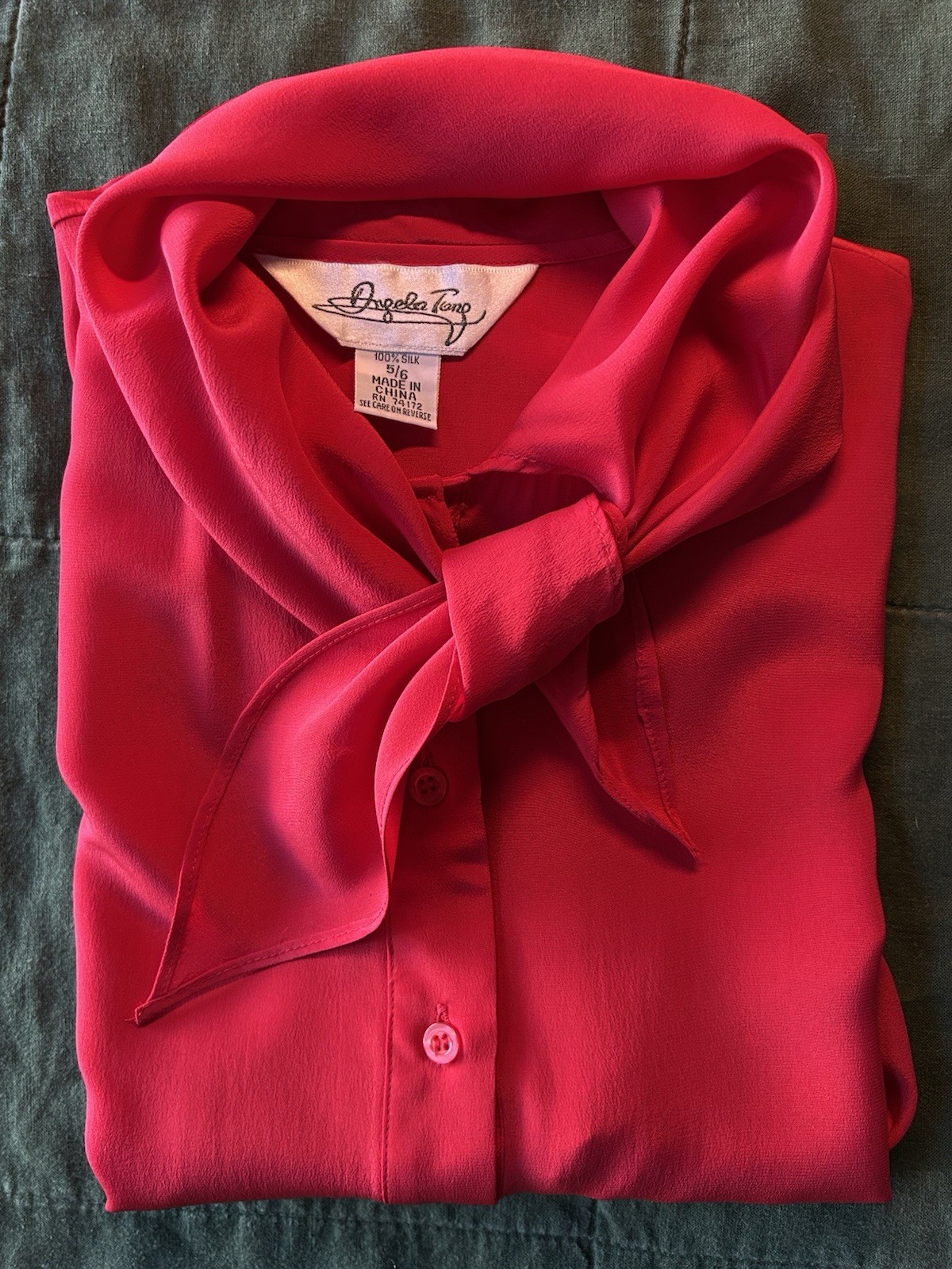 Vintage 80s 90s Silk Blouse Angela Tong RED Tie Neck Small Medium