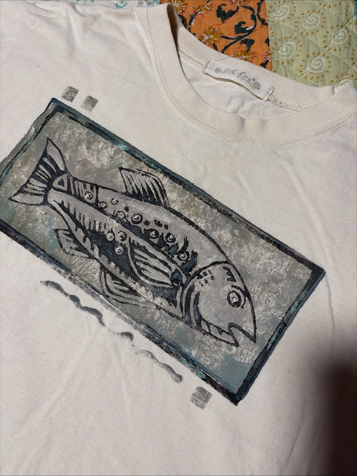 VINTAGE BLUE FISH SZ 1 Handpainted Folk Art To Wear Shirt Beach Boating 1999 Tag