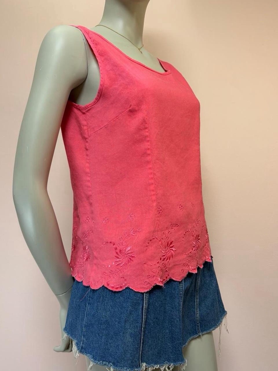 Vintage 90s Y2K Coral Pink Embroidered Scallop Hem Tank Top Shell Cottagecore S